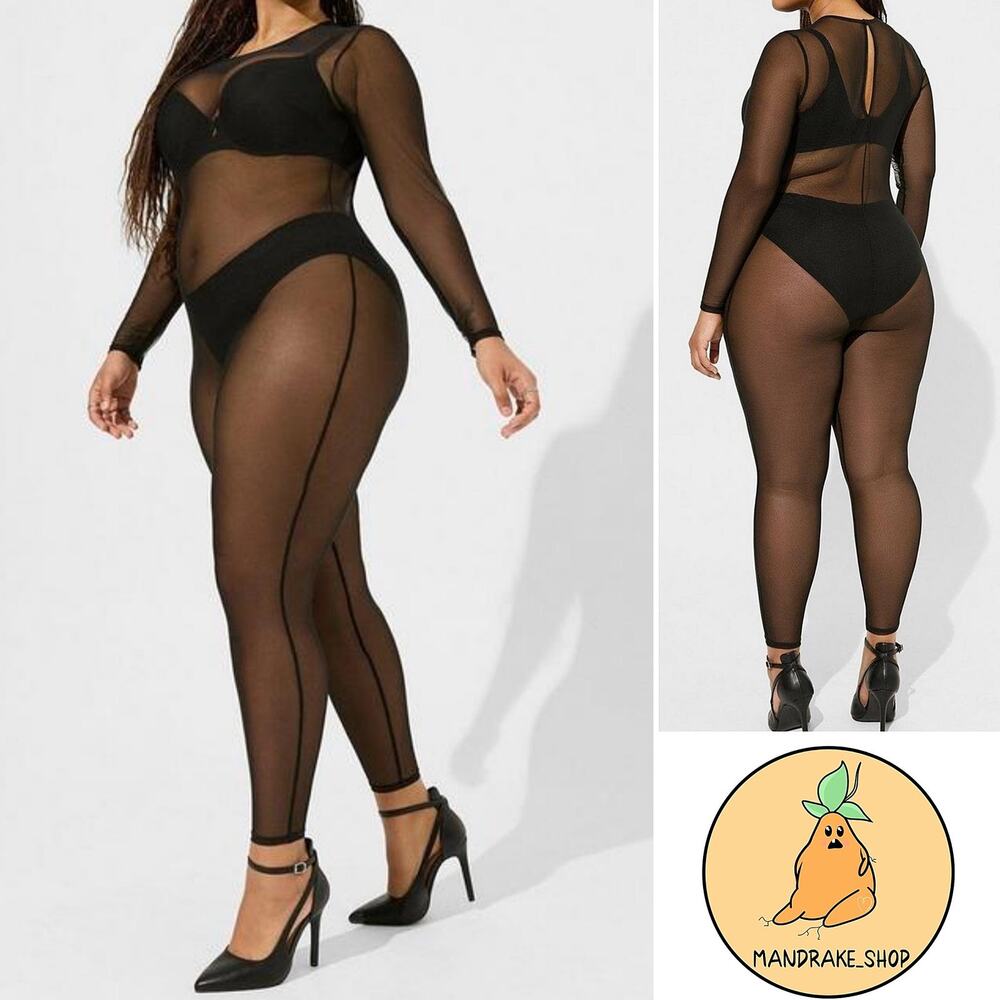 Torrid NWT Black Sheer Mesh Catsuit Long Sleeve Full Bodysuit Festival Rave 1X